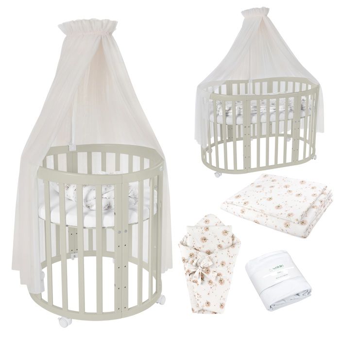 Waldin Lit Bébé Ovale 7en1 Évolutif Matelas - Olive - Ensemble Pissenlit Champagne inclus Waldin Lit Bébé Ovale 7en1 Évolutif Matelas - Olive - Ensemble Pissenlit Champagne inclus