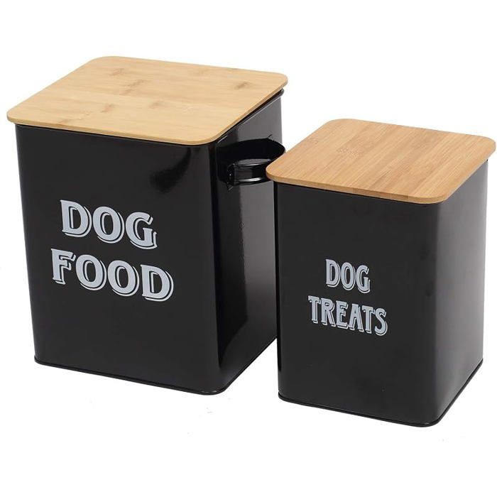 Boîtes pour Nourriture et friandises Animaux Conteneur Croquette Chiens Couvercles en Bois hermétiques Acier Noir chien 1