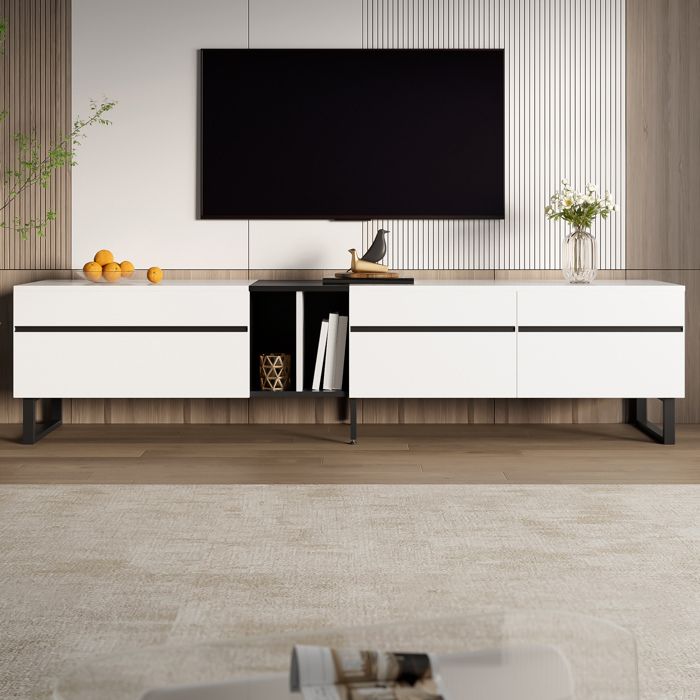 WOVREO Meuble TV 180 cm blanc avec porte abattante niche ouverte 2 portes et pieds réglables