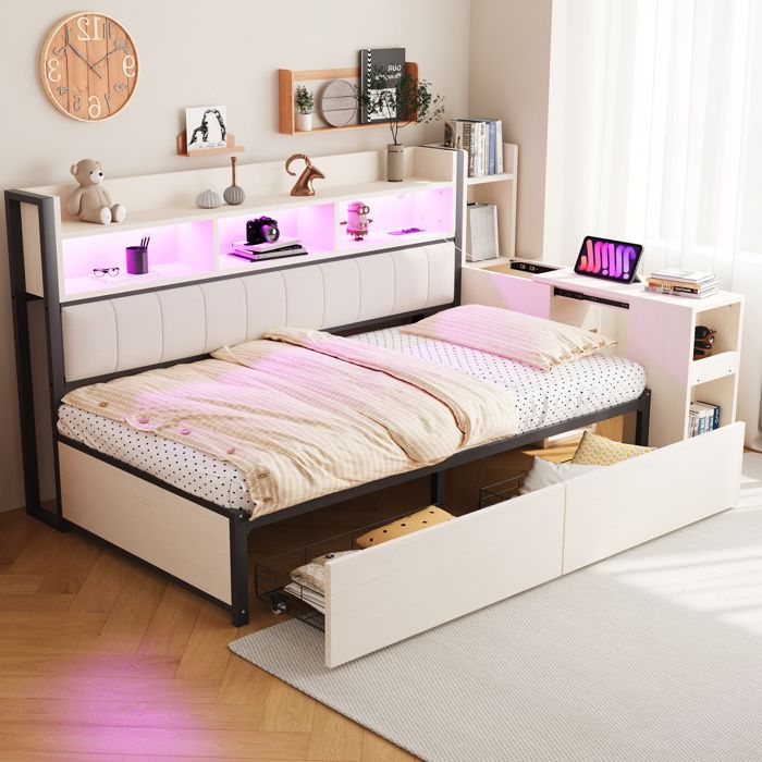 Lit combiné 1 place 90 x 200 cm blanc bureau coulissant rangements intégrés 2 tiroirs LED et prises