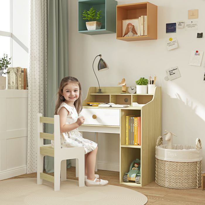 Ensemble bureau enfant et chaise en bois avec étagère et tiroir 3-10 ans blanc et bois