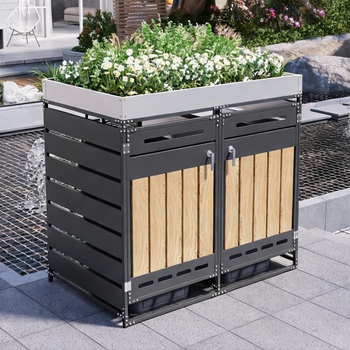 Armoire de rangement extérieure 131 x 79 x 120 cm en fer noir classique avec jardinière intégrée et serrure