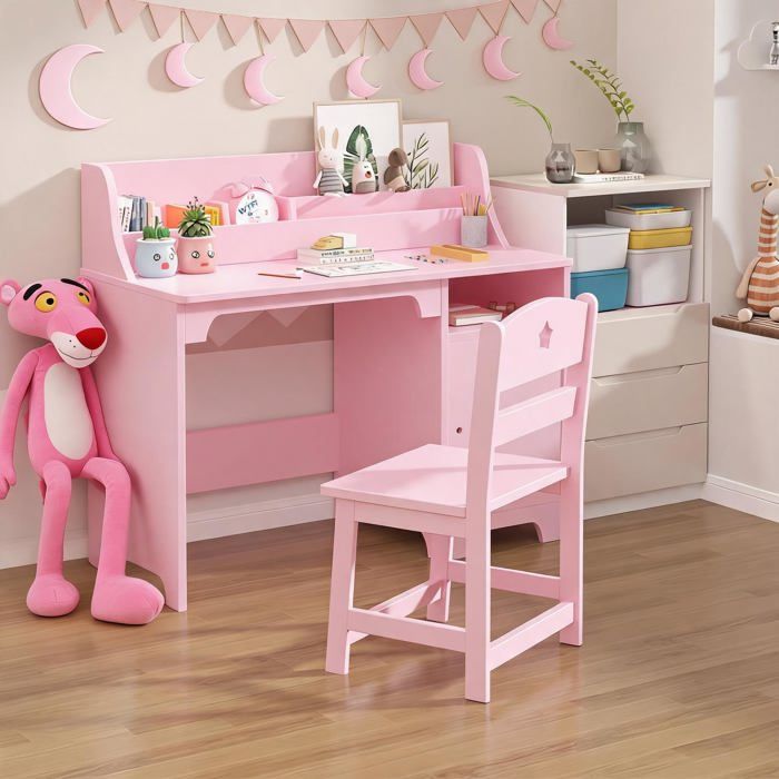 Bureau enfant rose avec chaise table détude en bois robuste avec huche et armoire poste écriture ergonomique 3-8 ans