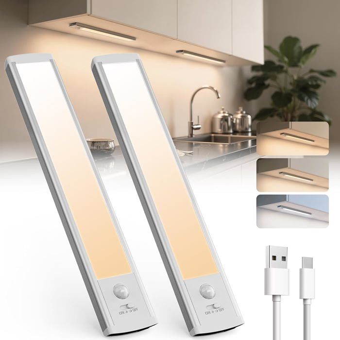 Lampe LED détecteur mouvement 20 cm - rechargeable USB-C 3 températures de couleur sans fil fixation magnétique - lot de 2
