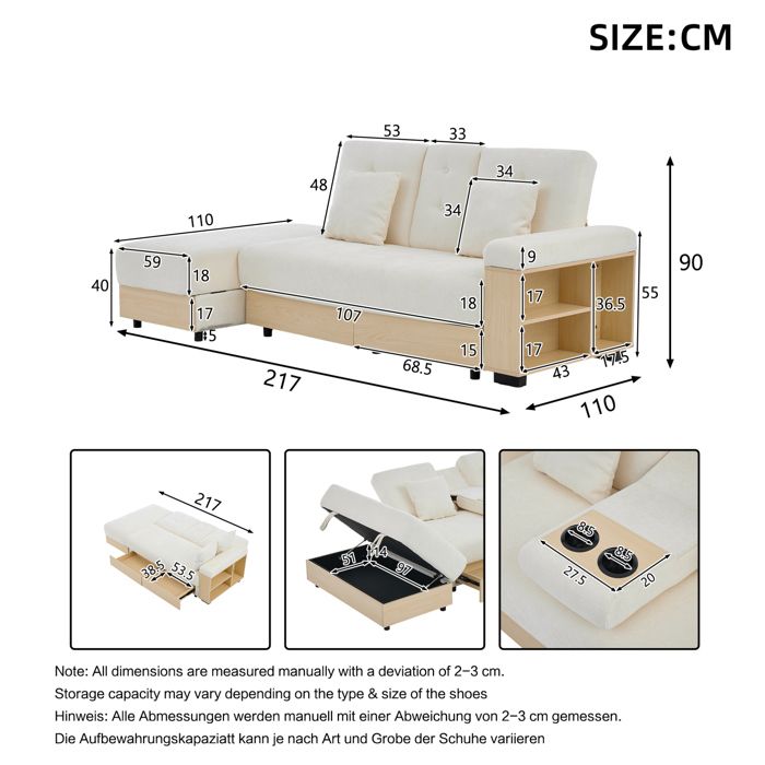 Canape convertible dangle gauche 3 places 217 cm avec rangement 2 tiroirs dossier reglable tissu chenille beige Grjofek