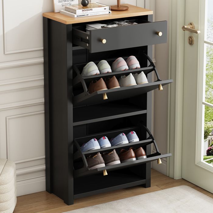MEUBLIV Meuble à chaussures étroit avec 1 tiroir et 2 abattants MDF noir aspect bois entrée