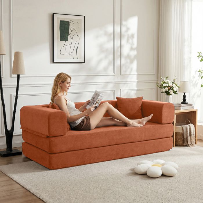Canape De Sol Convertible Orange Cotele Canape Lit Pliable FloraGrace Pour Salon Ou Studio Sans Montage 200x100x70cm