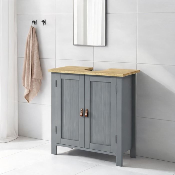 Meuble sous lavabo contemporain avec découpe U et étagère réglable gris effet bois
