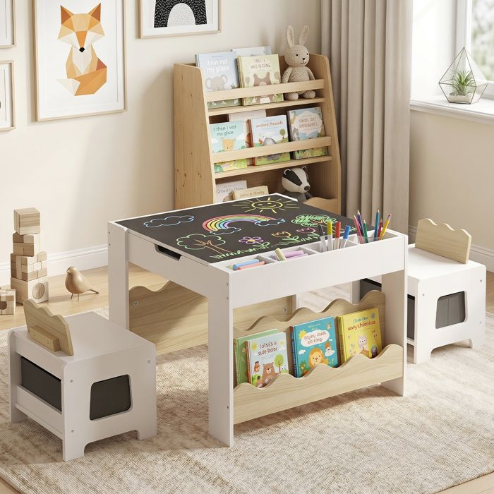 Table Enfant avec Chaise-COSTWAY-Plateau Réversible Tableau avec Espace de Rangement Bibliothèques Tiroirs 3+ Ans Naturel Table Enfant avec Chaise-COSTWAY-Plateau Réversible Tableau avec Espace de Rangement Bibliothèques Tiroirs 3+ Ans Naturel