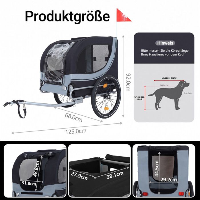 Remorque vélo pour chien 40 kg - BEAUNIV - pliable armature acier filet anti-moustiques et housse pluie gris noir