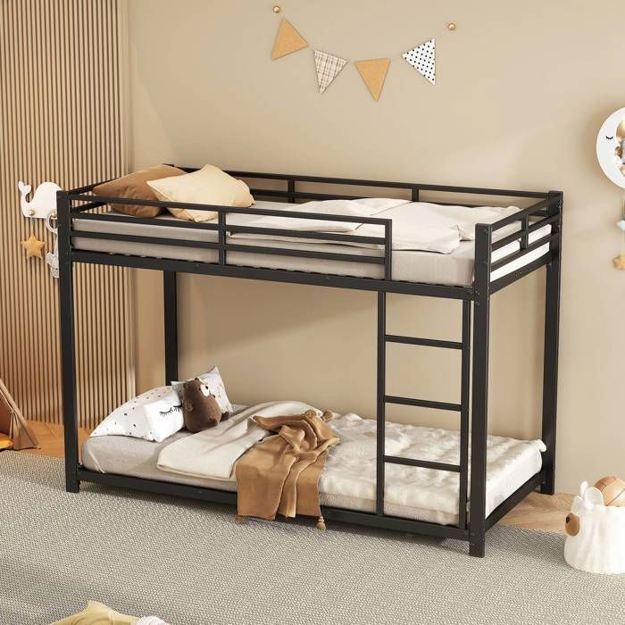 Lit superposé 90x200 cm métal noir 2 couchages avec barrières de sécurité sommier à lattes sans matelas