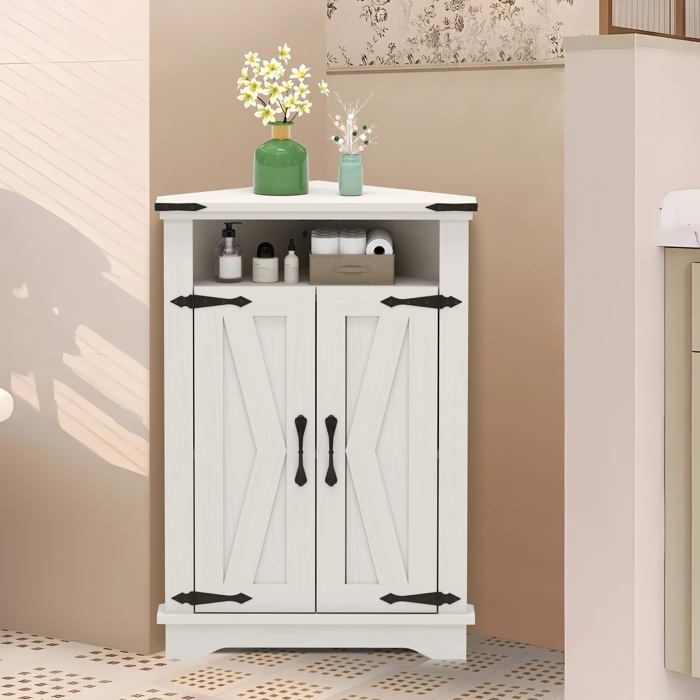 Meuble d’angle de rangement à 2 portes étagère ouverte et réglable style vintage 56 × 36 × 81 cm blanc