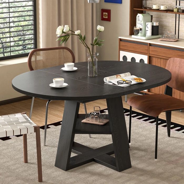 Table à manger extensible-110/150*100cm-pour 4-6 personnes-table ronde-avec espace de rangement et étagères-bois noir grain