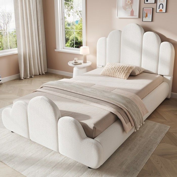 Lit rembourré pour enfant 90x200cm beige tête de lit rembourrée coins arrondis en tissu bouclé