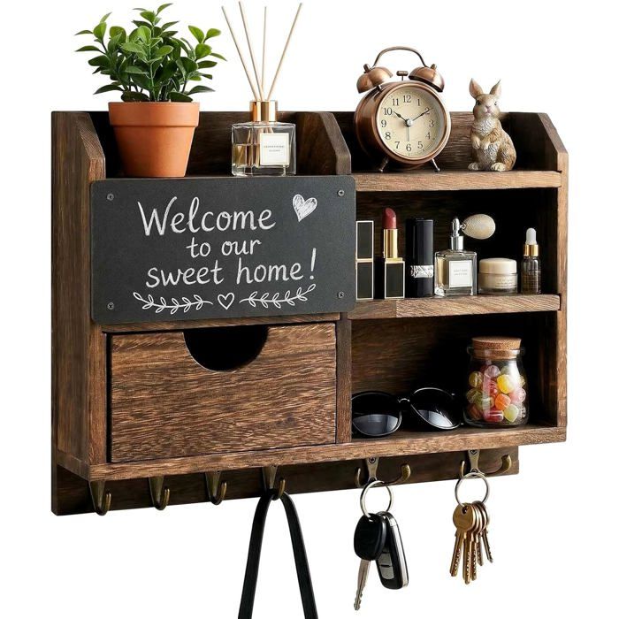 Wooden and Metal Wall Key Holder with Shelf Key and Mail Holder for Entry Corridor and Office Hooks for Keys and Small Objects Wooden and Metal Wall Key Holder with Shelf Key and Mail Holder for Entry Corridor and Office Hooks for Keys and Small Objects