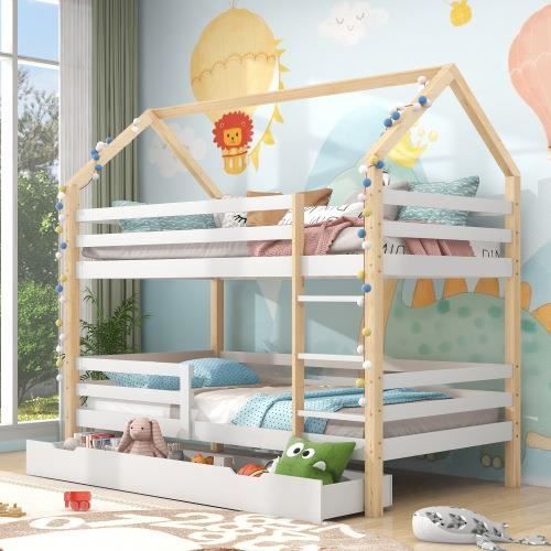 lit cabane enfant 90 x 200 cm avec tiroir, lit maison en pin pour enfants