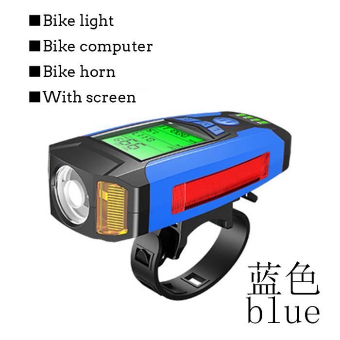 multifonction bleu - lampe de poche usb 3 en 1 pour vélo, 5 led, ordinateur de vélo, klaxon, éclairage avant
