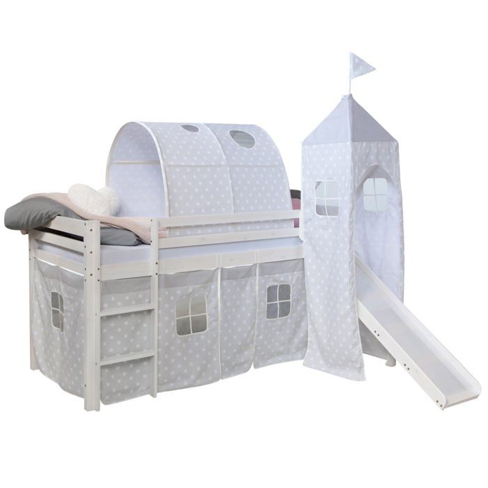 Lit mezzanine 90x200cm avec echelle toboggan en bois blanc avec tissu gris etoile tunnel et tour LIT06182