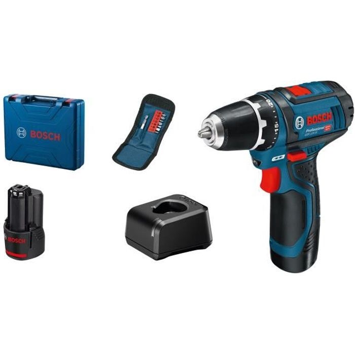 Perceuse-visseuse Bosch Professional GSR 12V-15 + 10 accessoires + 2 batteries 2,0Ah + Chargeur GAL 