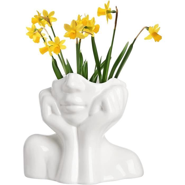 Vase en céramique – Statue créative en céramique blanche – Vase à fleurs en forme de visage – Vase à fleurs en céramique style sculpture – Vase art déco, décoration de la