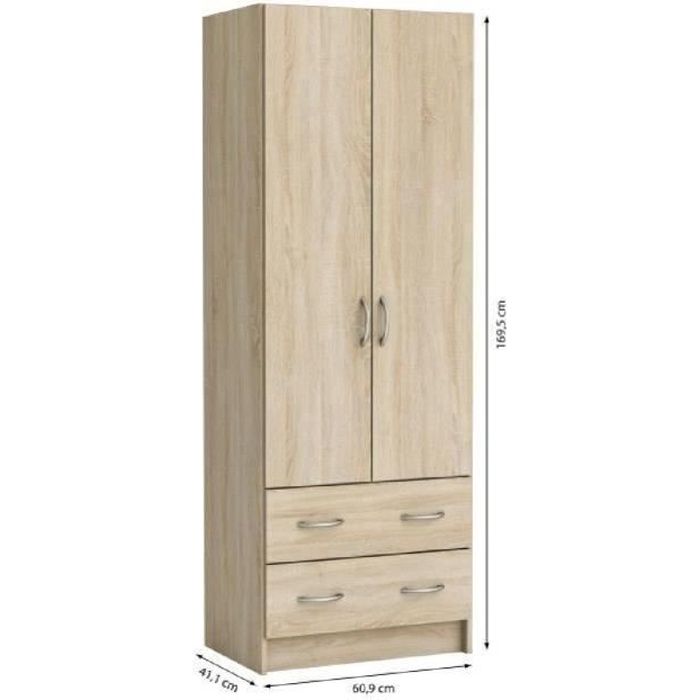 Armoire 2 portes et 2 tiroirs - Décor chêne brossé - L 61 x P41 x H170 cm - DEMEYERE