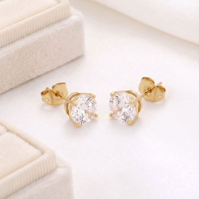 Boucles d’Oreilles - Puces - Zircon - Blanc - 8 mm - Plaqué Or Jaune 750/1000 - Homme & Femme Boucles d’Oreilles - Puces - Zircon - Blanc - 8 mm - Plaqué Or Jaune 750/1000 - Homme & Femme