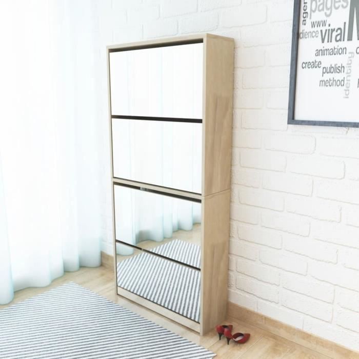 Fangming-Meuble à chaussures 4 étagères avec miroir 63x17x134 cm Chêne