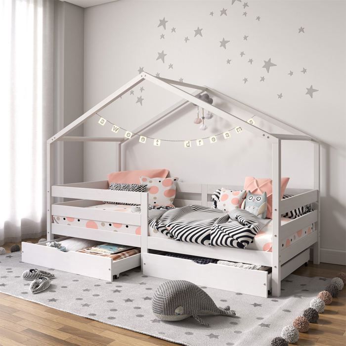 Lit cabane ENA avec tiroirs, 90 x 190 cm en pin massif lasur&eacute; blanc