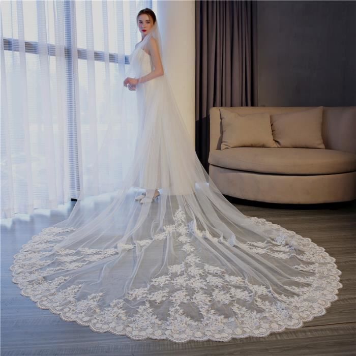 Voile De Mariée SUCHUANGUANG 4 M – Une Couche, Dentelle Florale Brodée, Festonnée, Avec Peigne (tulle Blanc