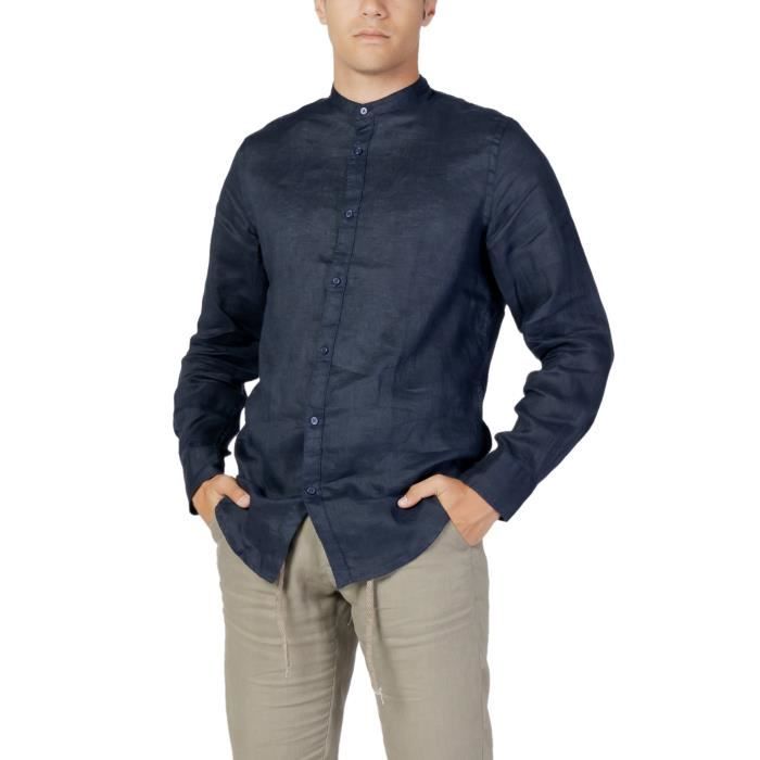 55% Lin Imprimer Homme Chemise Chemise Lin Bleu manche longue Imprimés