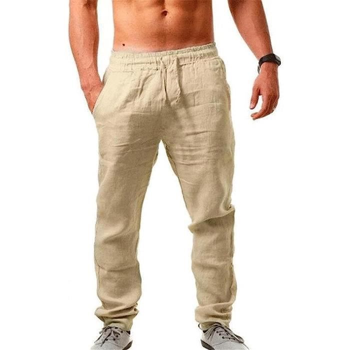 Pantalon En Lin Pour Homme - Coupe Droite, Taille élastique, Cordon De Serrage, Idéal été Et Plage