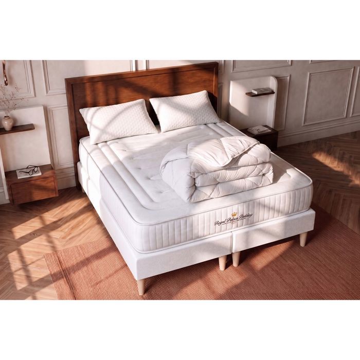 Ensemble sommier matelas 160x200 Lancaster Ressorts ensachés et mémoire de forme - 22 cm - Ferme - double sommiers blanc + 2 oreille
