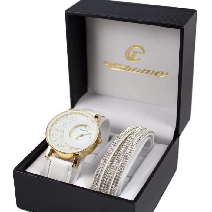 coffret montre femme doré cuir blanc strass + bracelet double tour stardust dolce vita