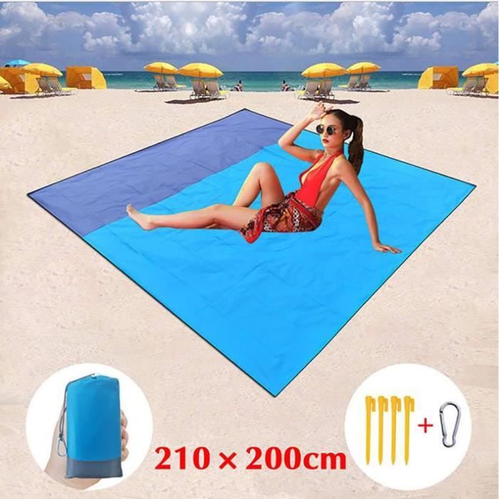 Tapis de Plage Anti Sable, Couverture Pique Nique Pliable 210 x 200 cm, Couverture de Plage Imperméable avec 4 Piquets, Tapis de Plage pour Voyage Camping Randonnée Pique-Nique Vacances