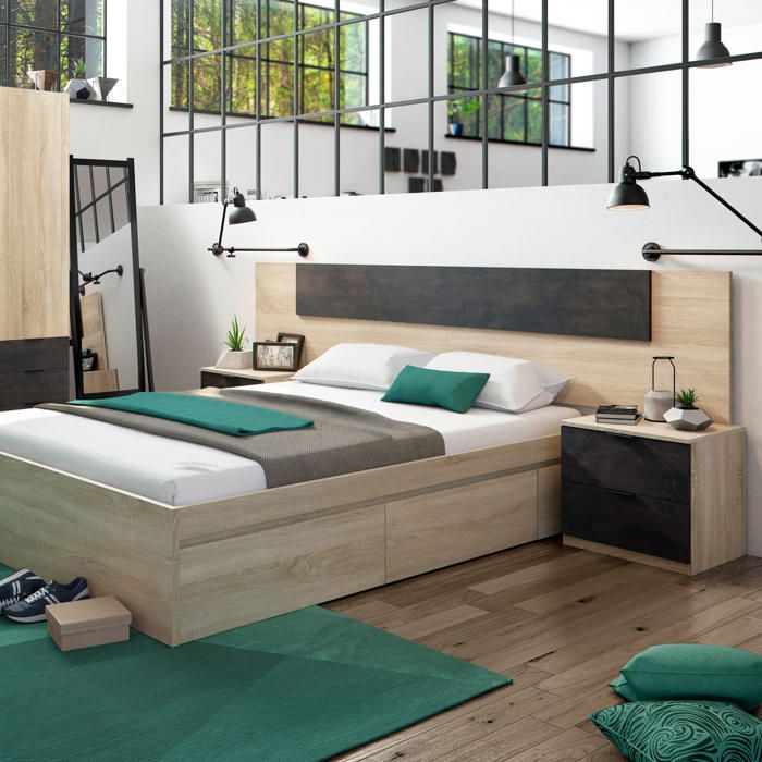 Tête de lit 160 cm avec 2 chevets amovibles et 2 tiroirs - Noir et chêne - TL81016 - Terre de Nuit