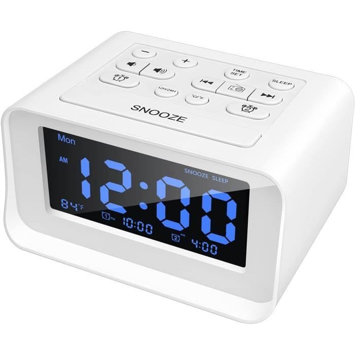 Réveil Radio FM LED Avec Thermomètre/Hygromètre - Affichage Heure, Température, Humidité, Pour Chambre (Blanc/Noir)