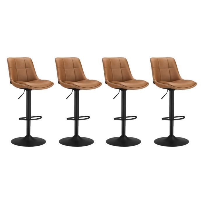VASAGLE Tabourets de Bar Lot de 4 Siège Pivotant à Hauteur Réglable Matelassé en PU avec Dossier et Repose-Pieds Acier Marron