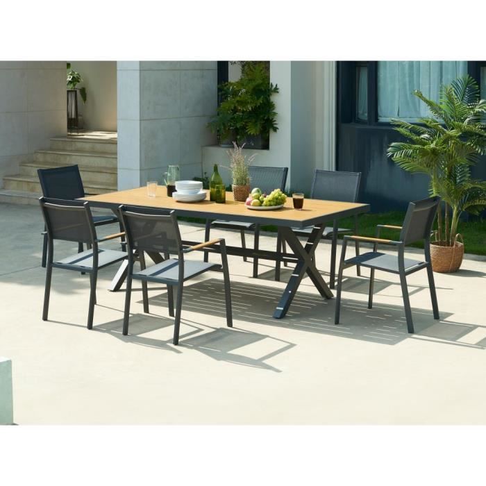 Salle à manger de jardin en aluminium : une table L.220 cm et 6 fauteuils empilables - Anthracite et naturel clair - INOSSE de MYLIA
