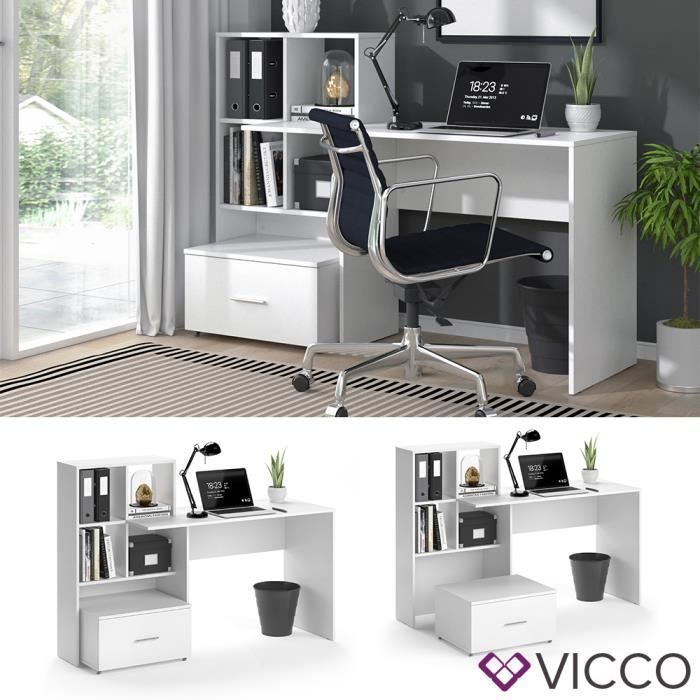 bureau d'angle vicco loris blanc avec étagère et tiroir pour ordinateur et travail de bureau