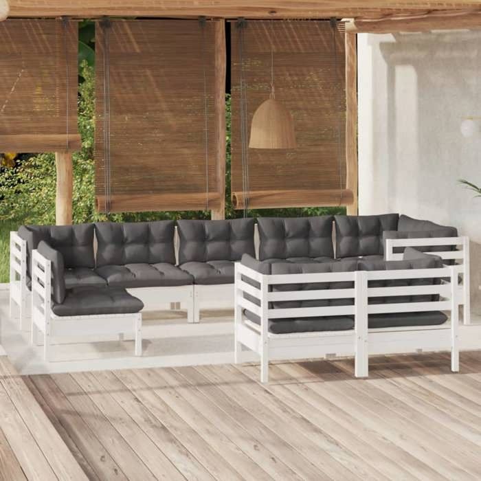 vidaXL Salon de jardin 9 pcs avec coussins blanc bois de pin massif 3096527