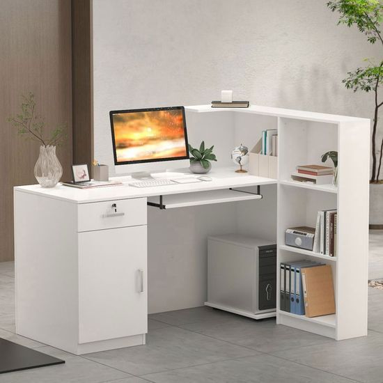 Comptoir Réception Blanc Avec Tiroirs Verrouillables - Design Moderne Pour Bureaux Et Commerces (140x60x110cm)