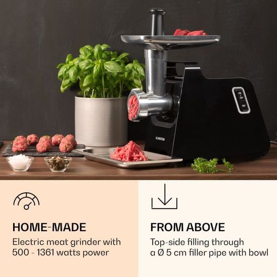 Hachoir à Viande Électrique Klarstein Mighty Mince - 500-1361W, Accessoires Saucisses, Kebbe, Presse-Tomates