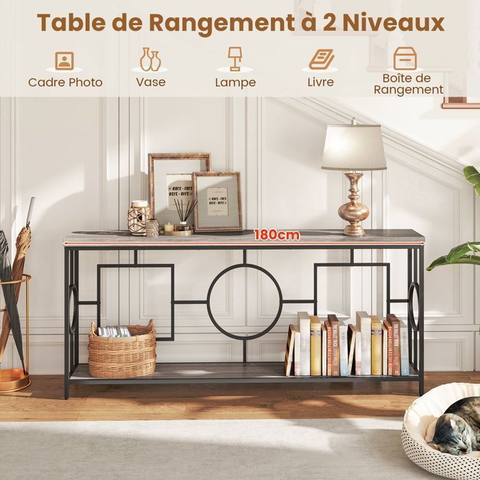 LIFEZEAL Table Console Longue de 180 cm, Table d'Entrée à 2 Niveaux avec Plateau en