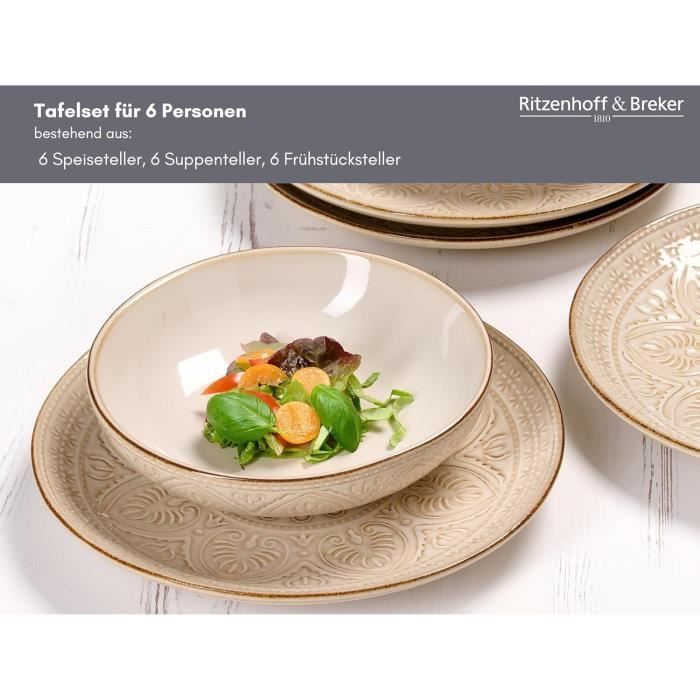 Service De Table Grès 24 Pièces – 6 Personnes, Fait Main, Résistant, Va Au Four/lave-vaisselle – Beige