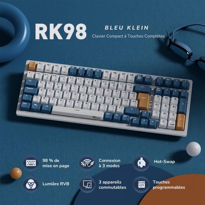 Clavier R3k RK ROYAL KLUDGE RK98 Clavier de Jeu Mécanique,AZERTY Triple Mode 2,4GHz ...