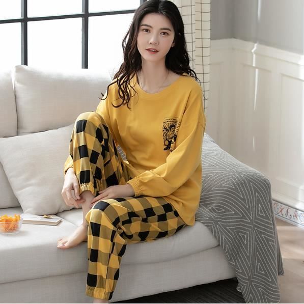 Ensemble de Pyjama Femme Cotton Hiver Grande Taille Ensembles Manche Longue 2 Pieces pour Automne Noel jaune