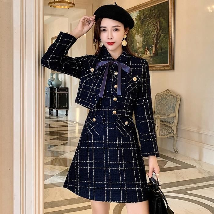 Robe Ensemble 2 pieces pour femme veste courte gilet sans manches en laine Tweed Plaid bleu avec poche a n ud collection Blanc Cdiscount Pret a Porter