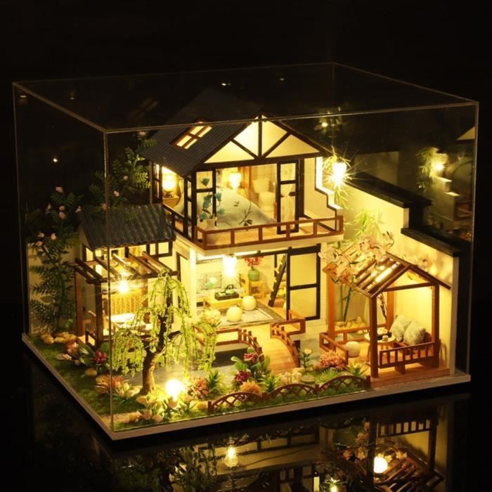 Kit de maison de poupée en bois bricolage miniature à collectionner, avec  lumières LED et housse anti-poussière S2005 -  France