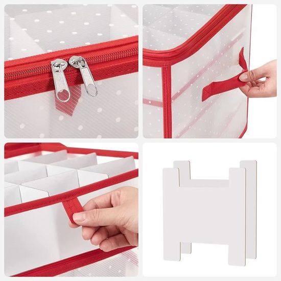 Boîte De Rangement Pour Décorations De Noël - 64 Cases - Avec Couvercle Et Fermeture éclair - Rouge Cerise - 4