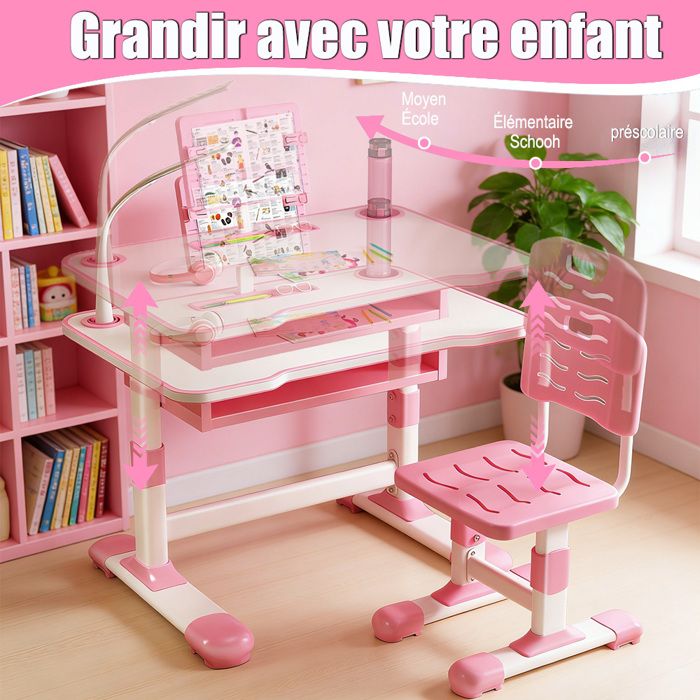Ensemble bureau et chaise pour enfants,table d'écriture réglable en hauteur avec support de lecture inclinable, éclairage de LED,bureau d'étude pour enfants avec tiroir de rangement spacieux (Rose